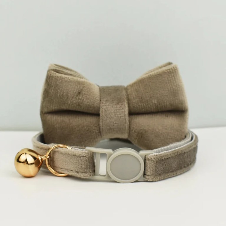 image 1 Beige velvet pet collar with bow and bell
