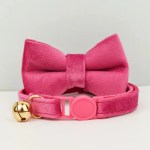 image 1 Pink velvet cat collar with bow and bell