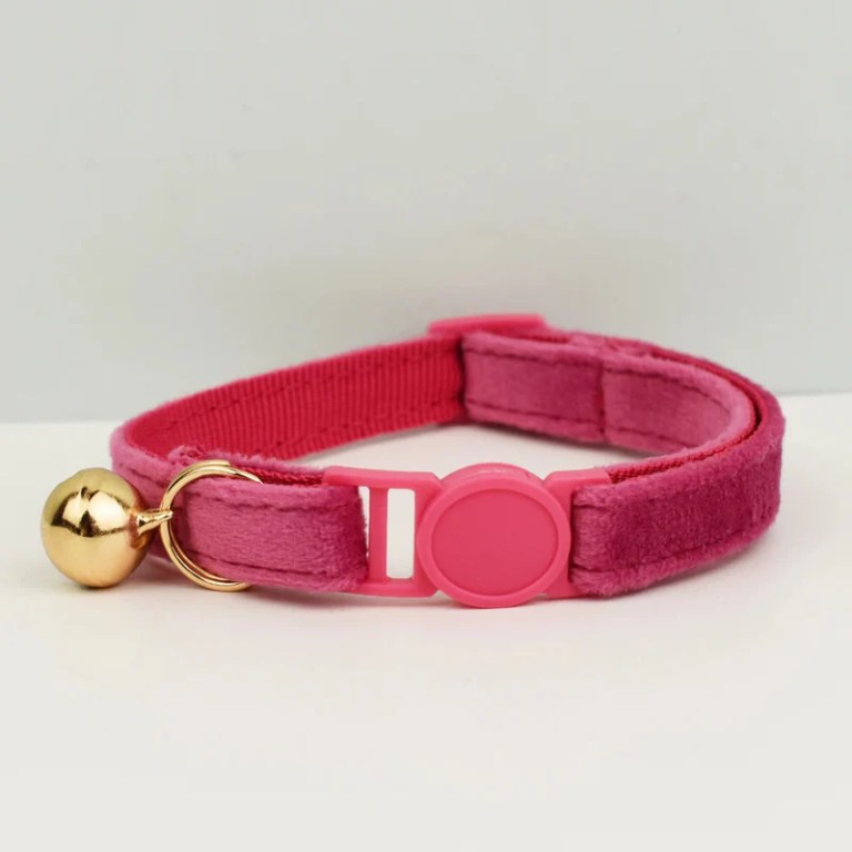 Pink velvet pet collar with gold bell