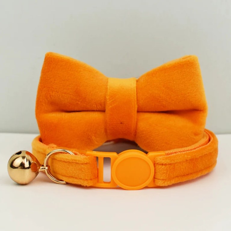 image 1 Orange bow tie pet collar with bell