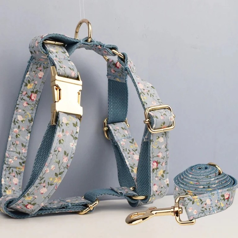 Floral dog harness and matching leash set