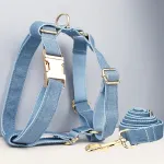 Light blue denim dog harness and leash set