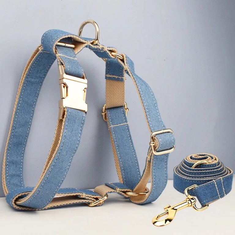 image 1 Denim dog harness and leash set