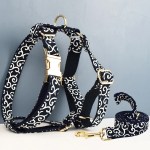 Black and white patterned dog harness and leash