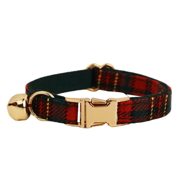 Red tartan cat collar with gold bell