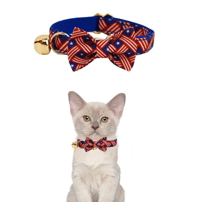 Cat wearing American flag bow tie collar