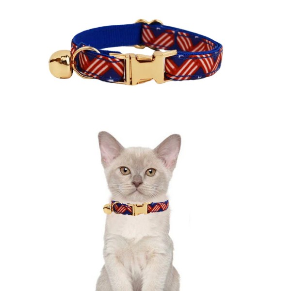 image 1 Blue patterned cat collar with gold bell