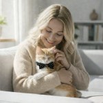 image 2 Woman cuddling ginger kitten wearing bow tie