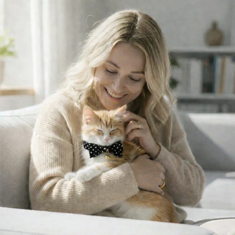 image 2 Woman cuddling ginger kitten wearing bow tie