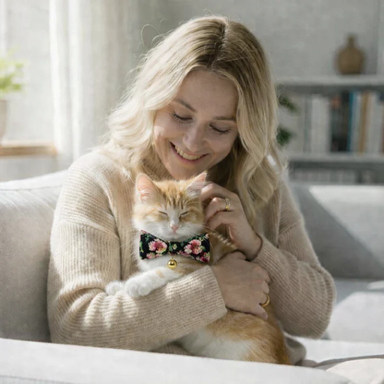 image 2 Woman cuddling ginger cat wearing floral bow tie