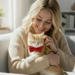 Woman cuddling ginger kitten wearing red bow tie