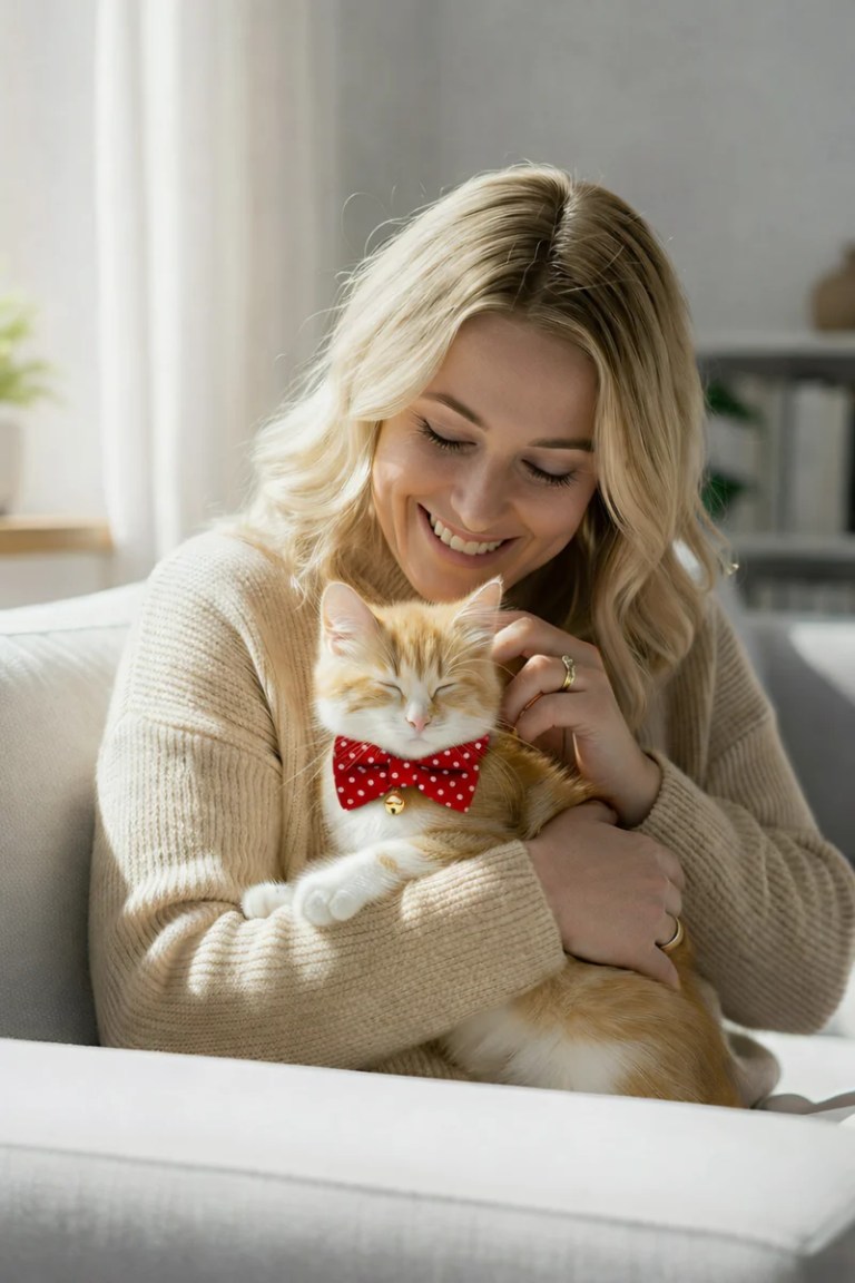 Woman cuddling ginger kitten wearing red bow tie