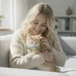 Woman cuddling ginger cat on sofa