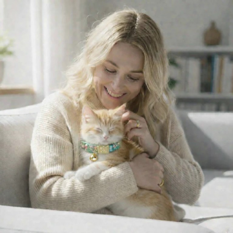 Woman cuddling ginger cat on sofa