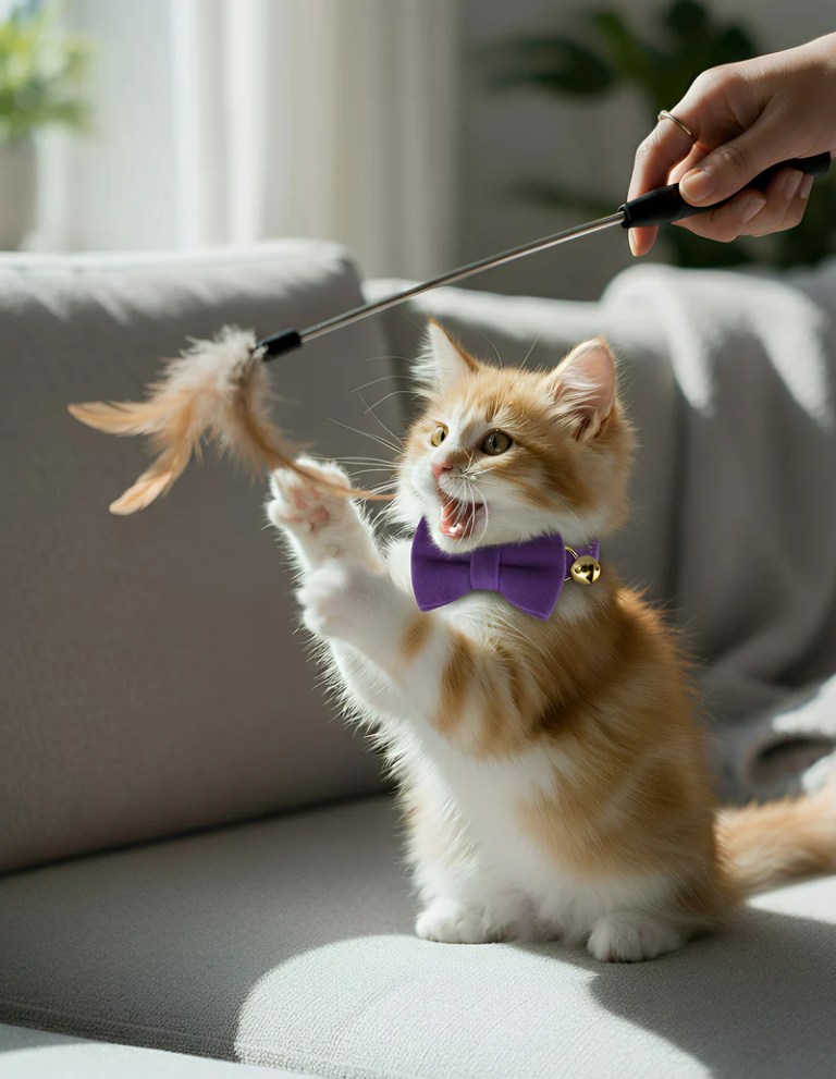 Ginger kitten with bow tie playing with feather toy