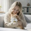 Woman cuddling ginger kitten wearing bow tie