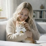 Woman cuddling ginger kitten wearing bow tie