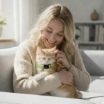 image 2 Woman cuddling orange kitten on lounge