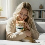 image 2 Woman cuddling ginger and white cat indoors