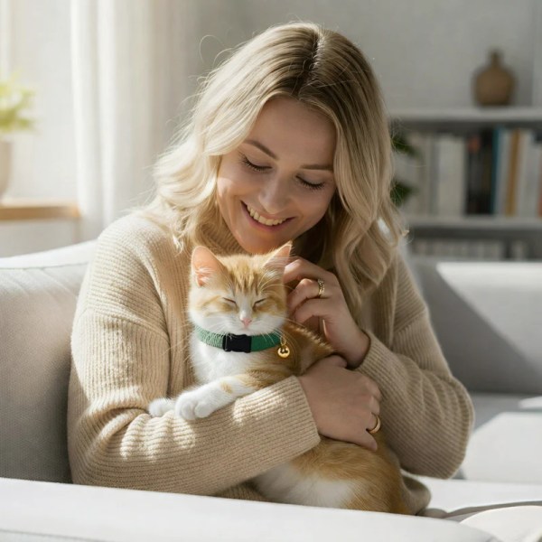 image 2 Woman cuddling ginger and white cat indoors