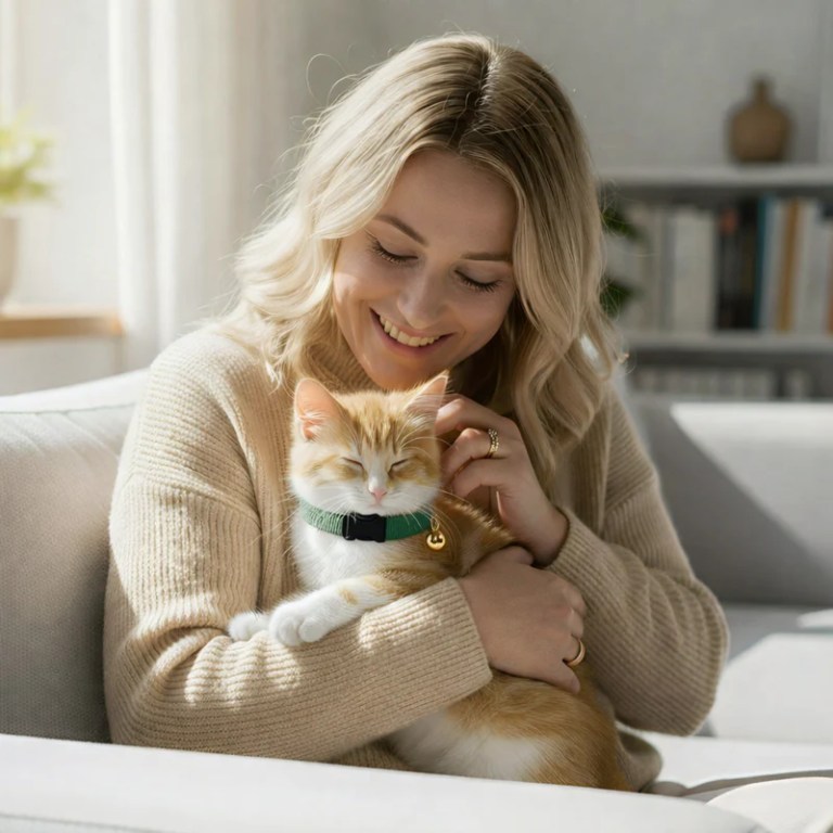 image 2 Woman cuddling ginger and white cat indoors