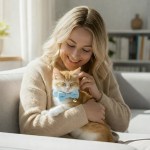 Woman cuddling ginger cat wearing blue bow tie
