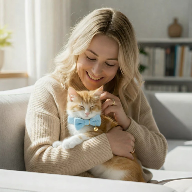 Woman cuddling ginger cat wearing blue bow tie