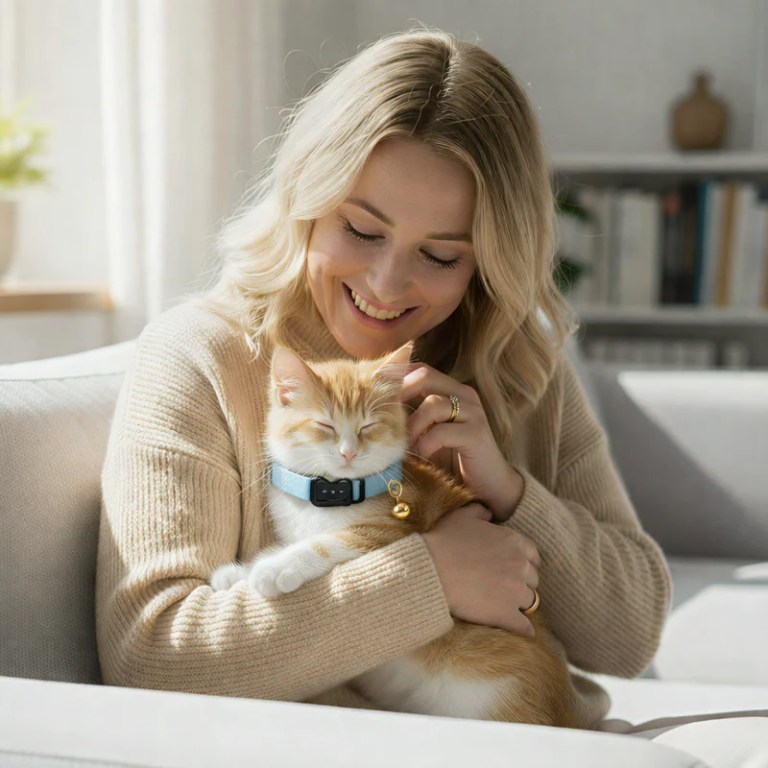 image 2 Woman cuddling ginger kitten with blue collar