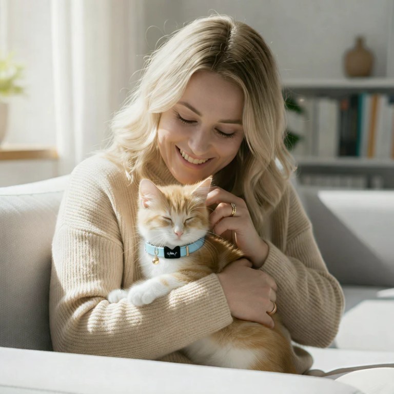 image 2 Woman cuddling ginger kitten on sofa