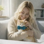 Woman cuddling ginger kitten wearing teal bow tie