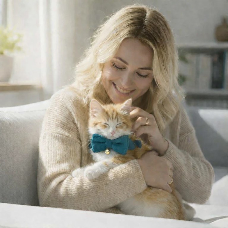 Woman cuddling ginger kitten wearing teal bow tie