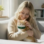 Woman cuddling ginger kitten on sofa