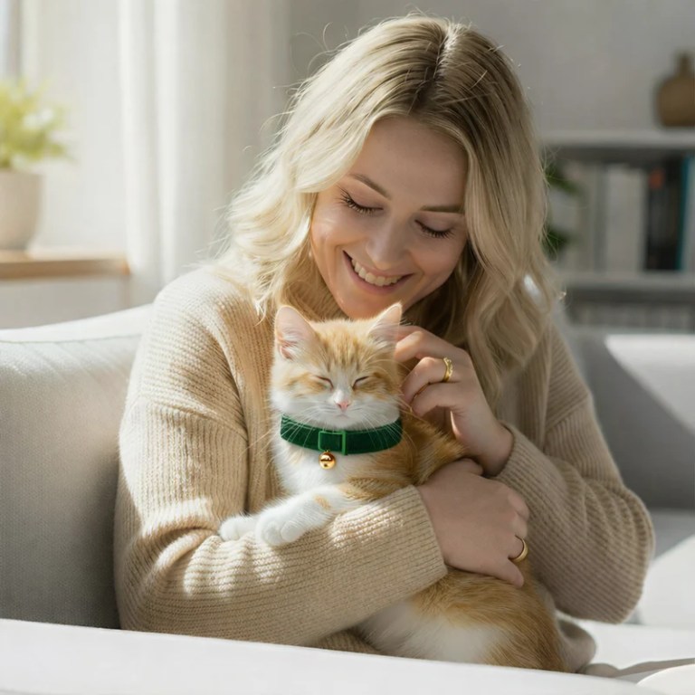 Woman cuddling ginger kitten on sofa indoors