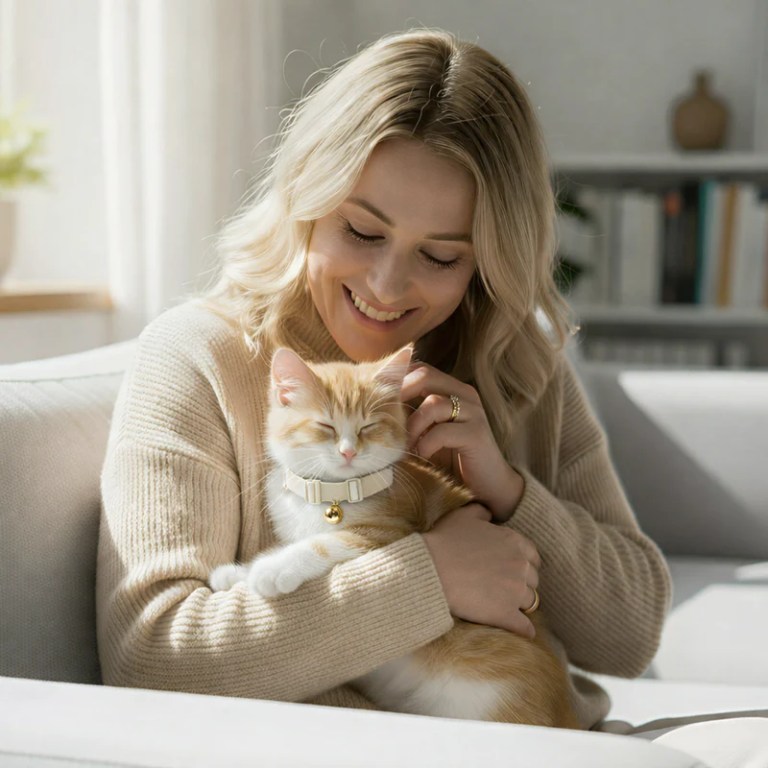 image 2 Woman cuddling ginger kitten on sofa indoors