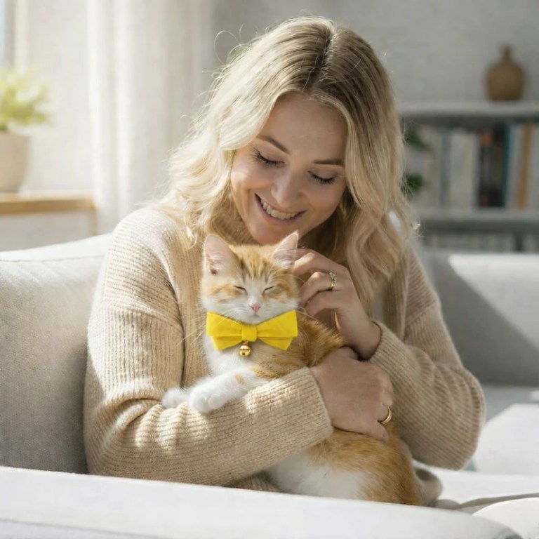 image 2 Woman cuddling ginger kitten with yellow bow