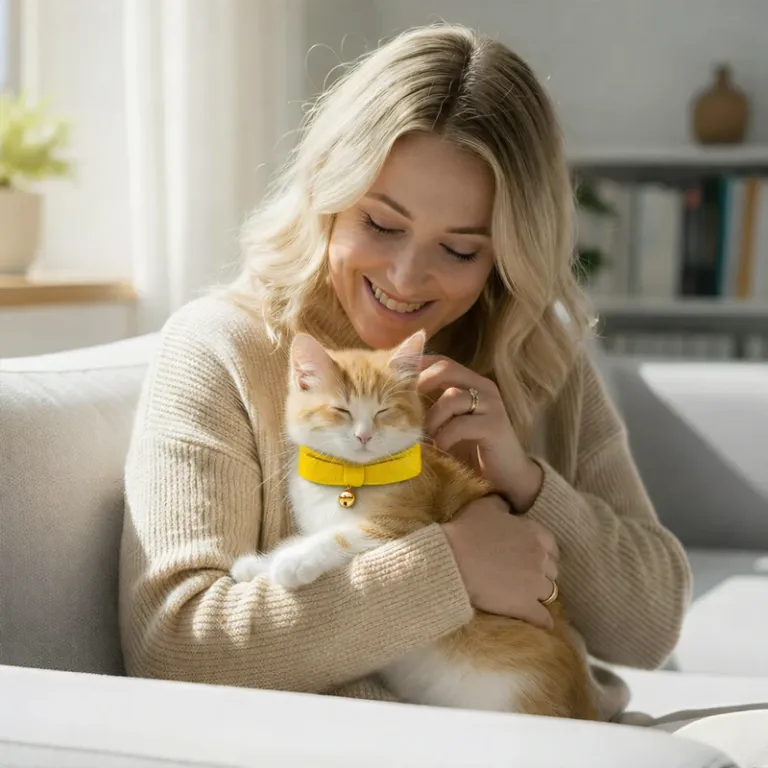 image 2 Woman cuddling ginger cat on sofa