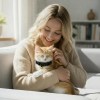 Woman cuddling ginger kitten on sofa