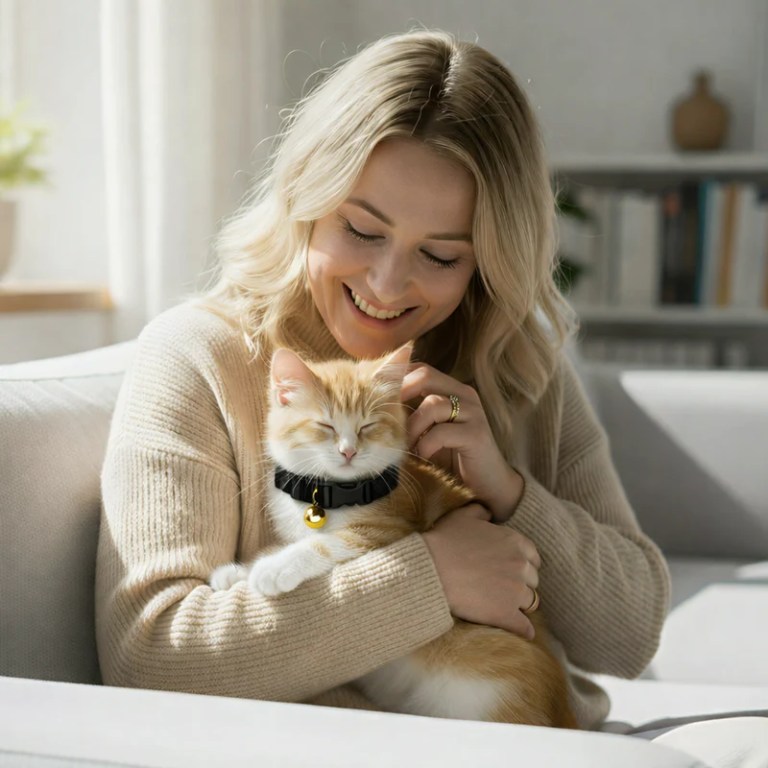 image 2 Woman cuddling ginger kitten on sofa