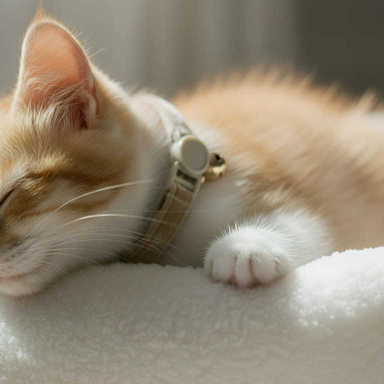 Sleeping ginger and white cat on blanket