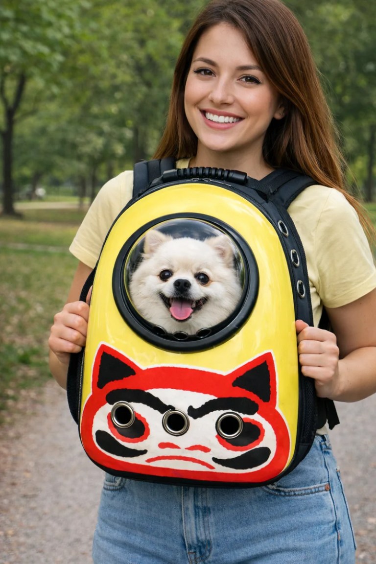 Woman carrying fluffy dog in yellow pet backpack