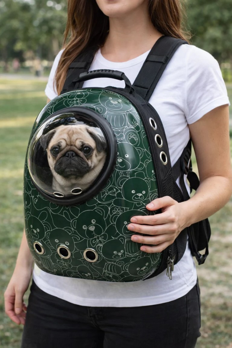 Pug inside green backpack pet carrier outdoors