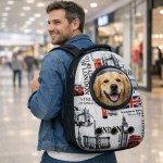 Man carrying dog in London-themed backpack