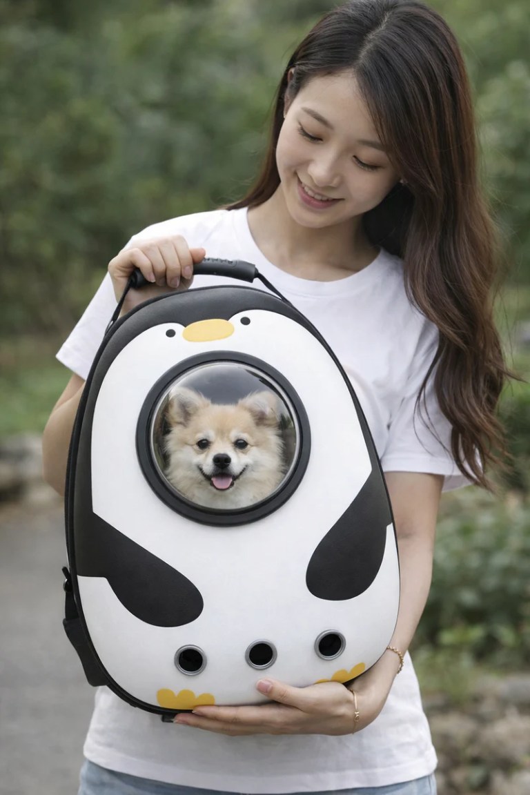 image 2 Woman holding penguin pet carrier with small dog