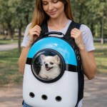image 2 Woman carrying dog in bubble backpack carrier