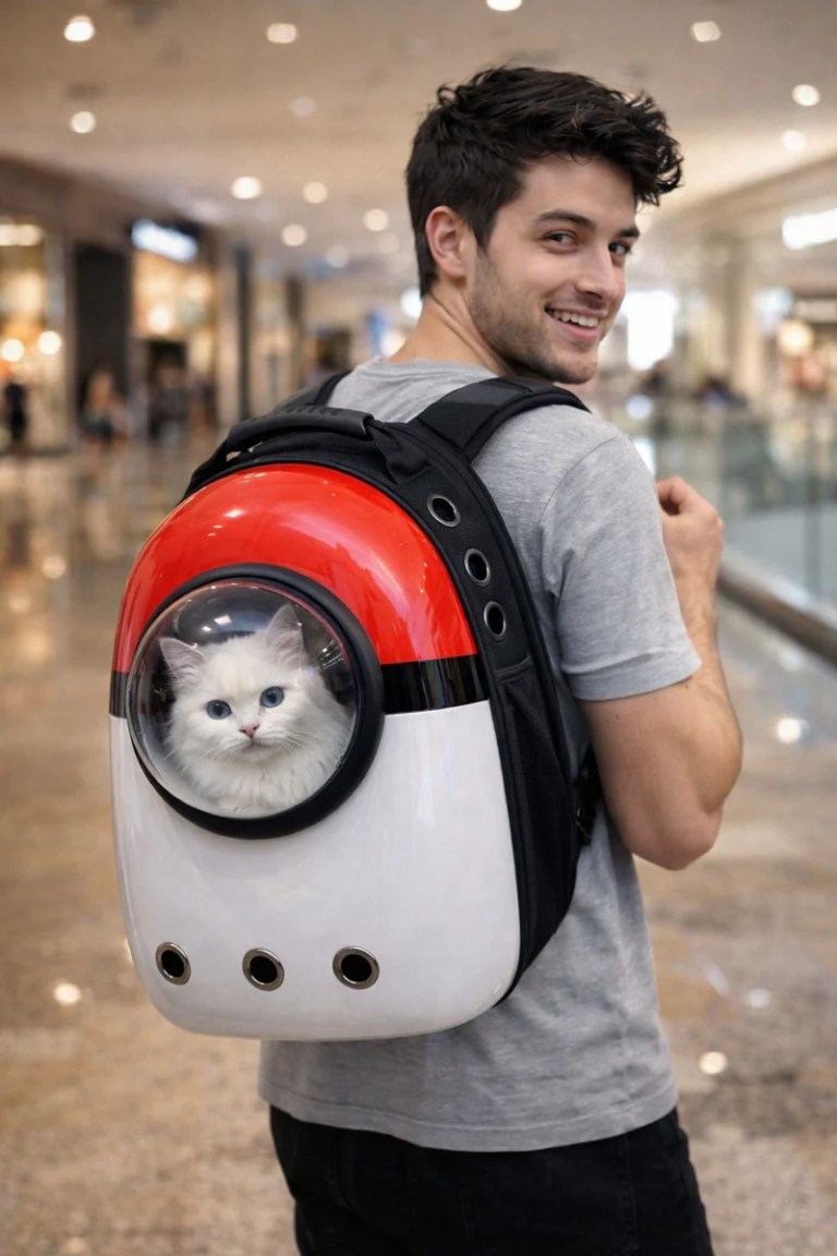 Man carrying cat in bubble backpack