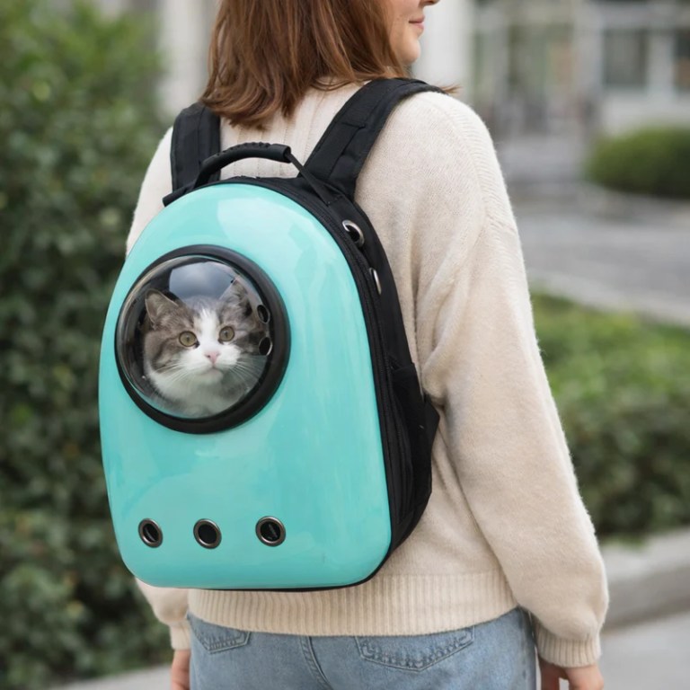 image 2 Woman carrying cat in teal backpack carrier