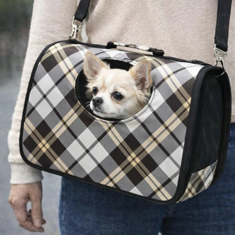 Small dog in plaid shoulder pet carrier