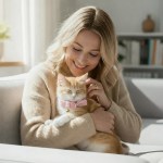 Woman cuddling ginger kitten on sofa