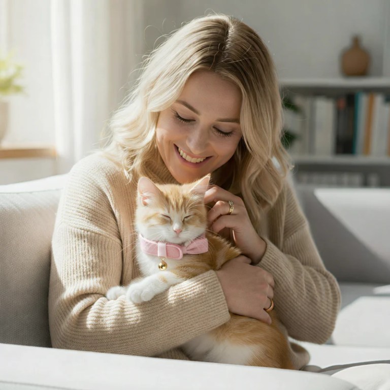 Woman cuddling ginger kitten on sofa