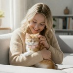 Woman cuddling ginger kitten on sofa